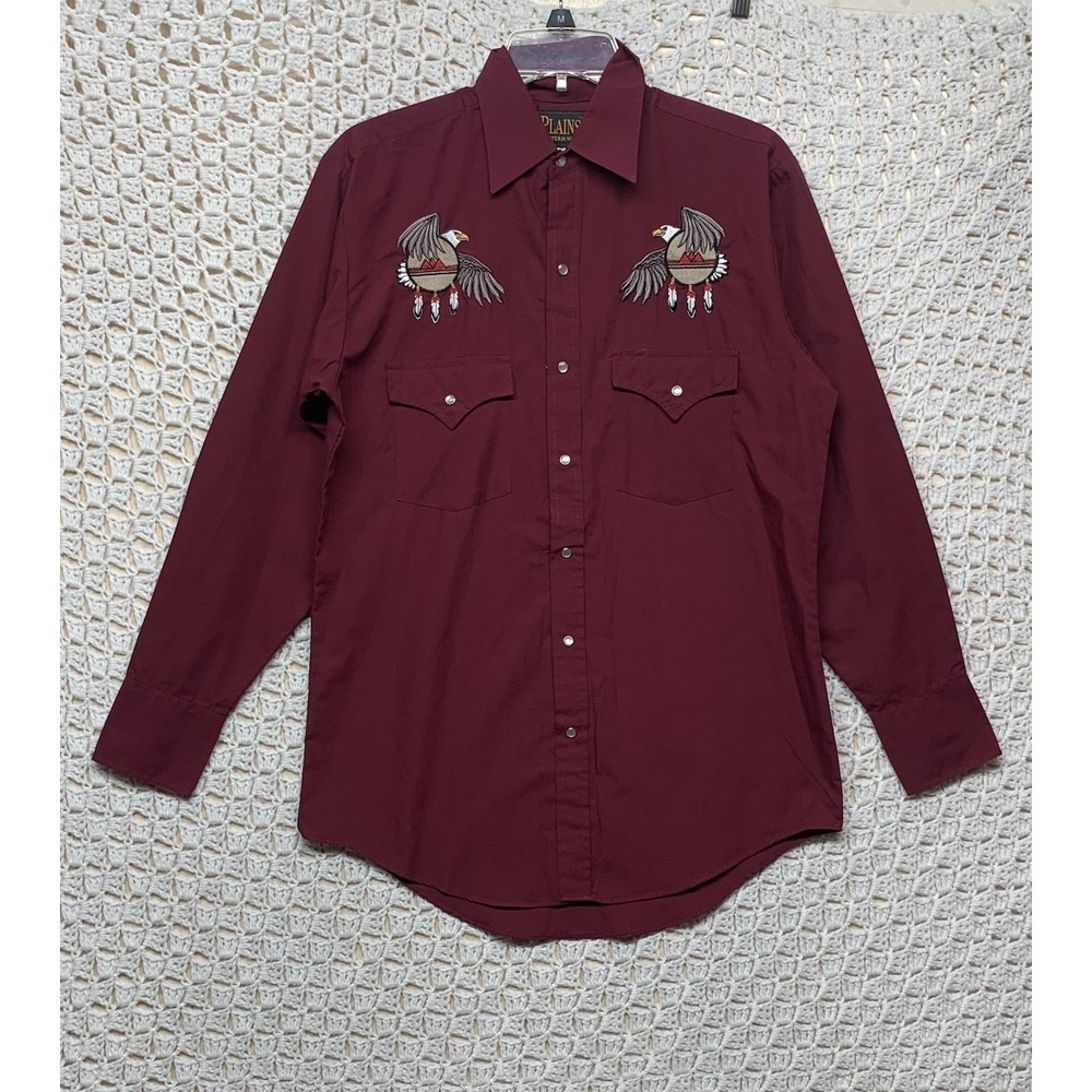 Plains Western Shirt Mens S Burgundy Long Sleeve‎ Pearl Snap Embroidered Eagles